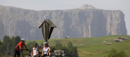 Auf Biketouren laden Wegkreuzungen, Bänke und Bildstöcke mit Blick auf den Schlern zur Rast ein
